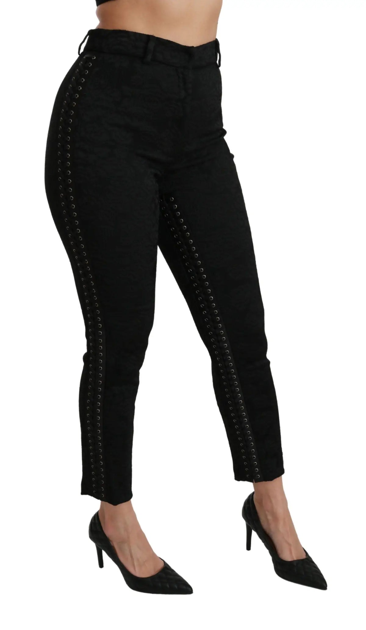 Dolce & gabbana pantalon skinny taille haute en jean denim noir avec couture œillets décoratifs sur les côtés