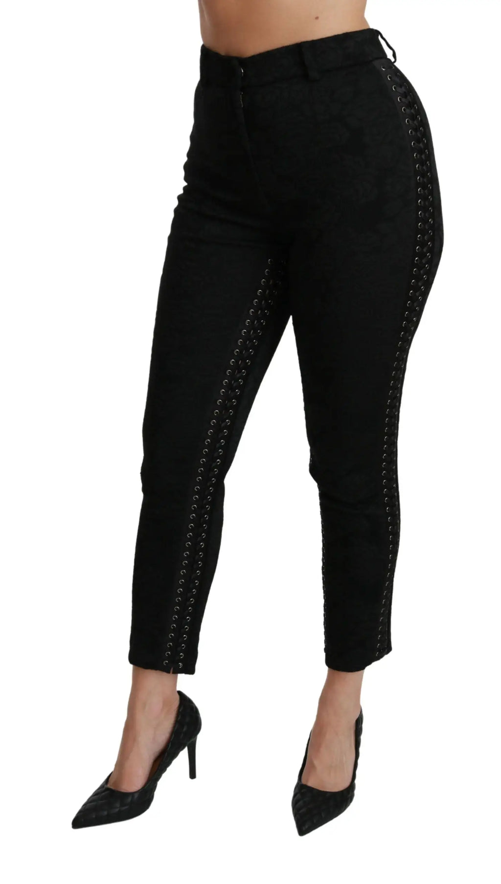 Pantalon skinny taille haute dolce & gabbana noir en brocart avec dentelle décorative sur les coutures côtés