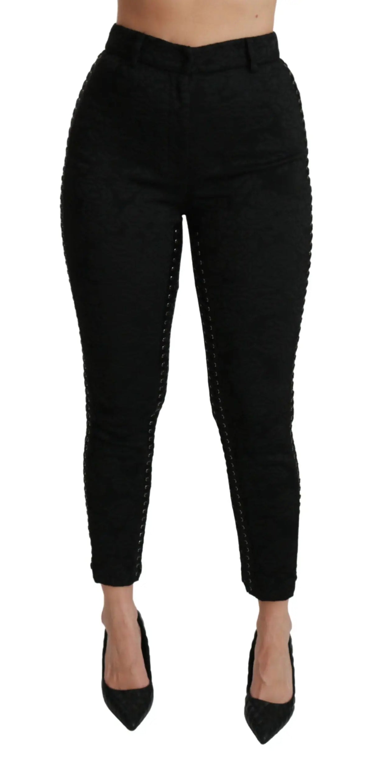 Pantalon slim taille haute noir dolce & gabbana en brocart avec coutures décoratives sur les coutures extérieures
