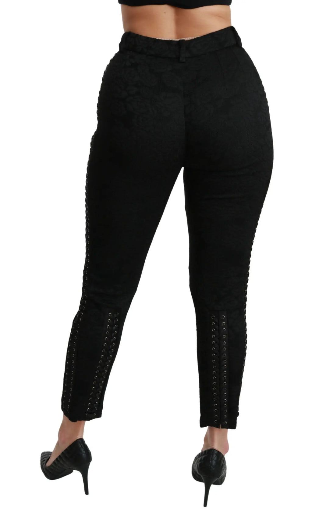 Pantalon taille haute noir dolce & gabbana brocart coupe slim avec coutures verticales décoratives sur les coutures externes