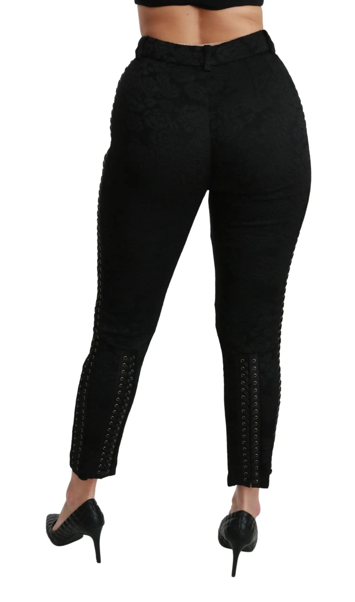 Pantalon taille haute noir dolce & gabbana brocart coupe slim avec coutures verticales décoratives sur les coutures externes