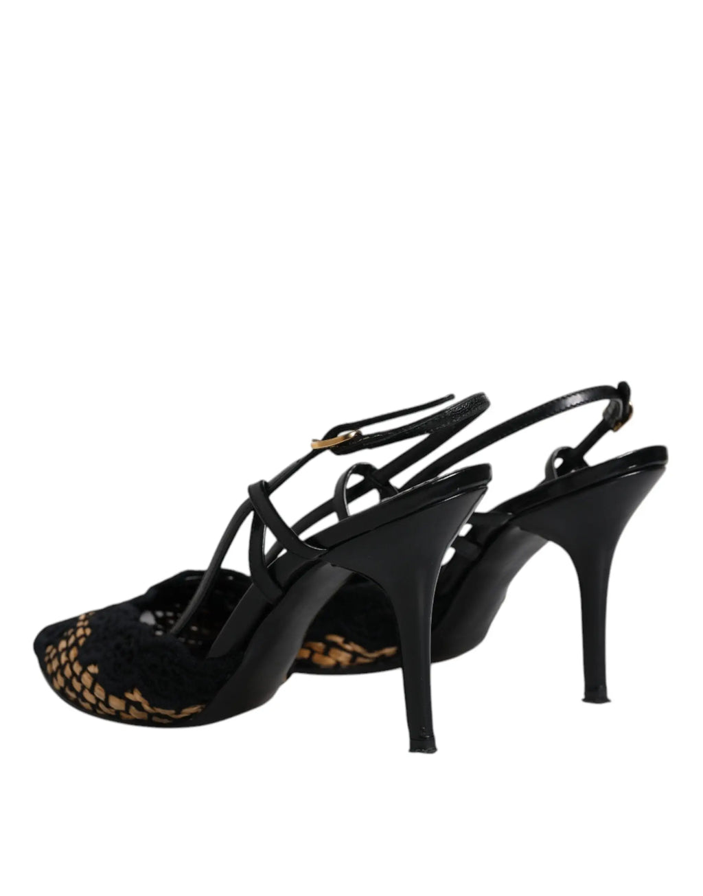 Dolce & gabbana black brown lace high heels slingback shoes en satin noir avec détails serpent dorés au talon et à l’avant