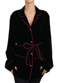 Dolce & gabbana veste en viscose noire ceinturée avec boutons assortis et finition velours noir avec passepoil rose
