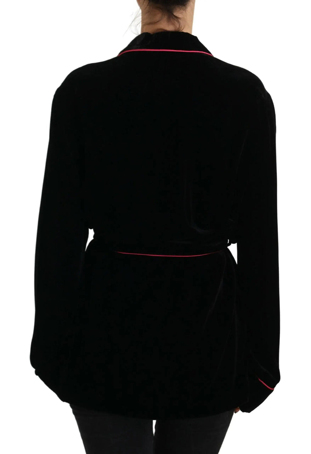 Robe en velours noire dolce & gabbana avec passepoil rose sur col et taille en viscose style blazer ceinturé