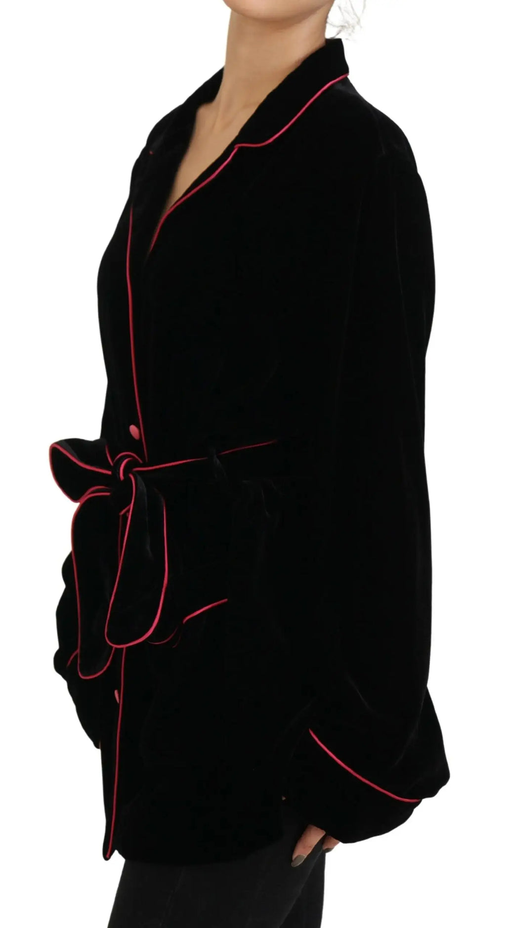 Robe en velours noir dolce gabbana avec piping rose au col aux poignets et à la ceinture en viscose