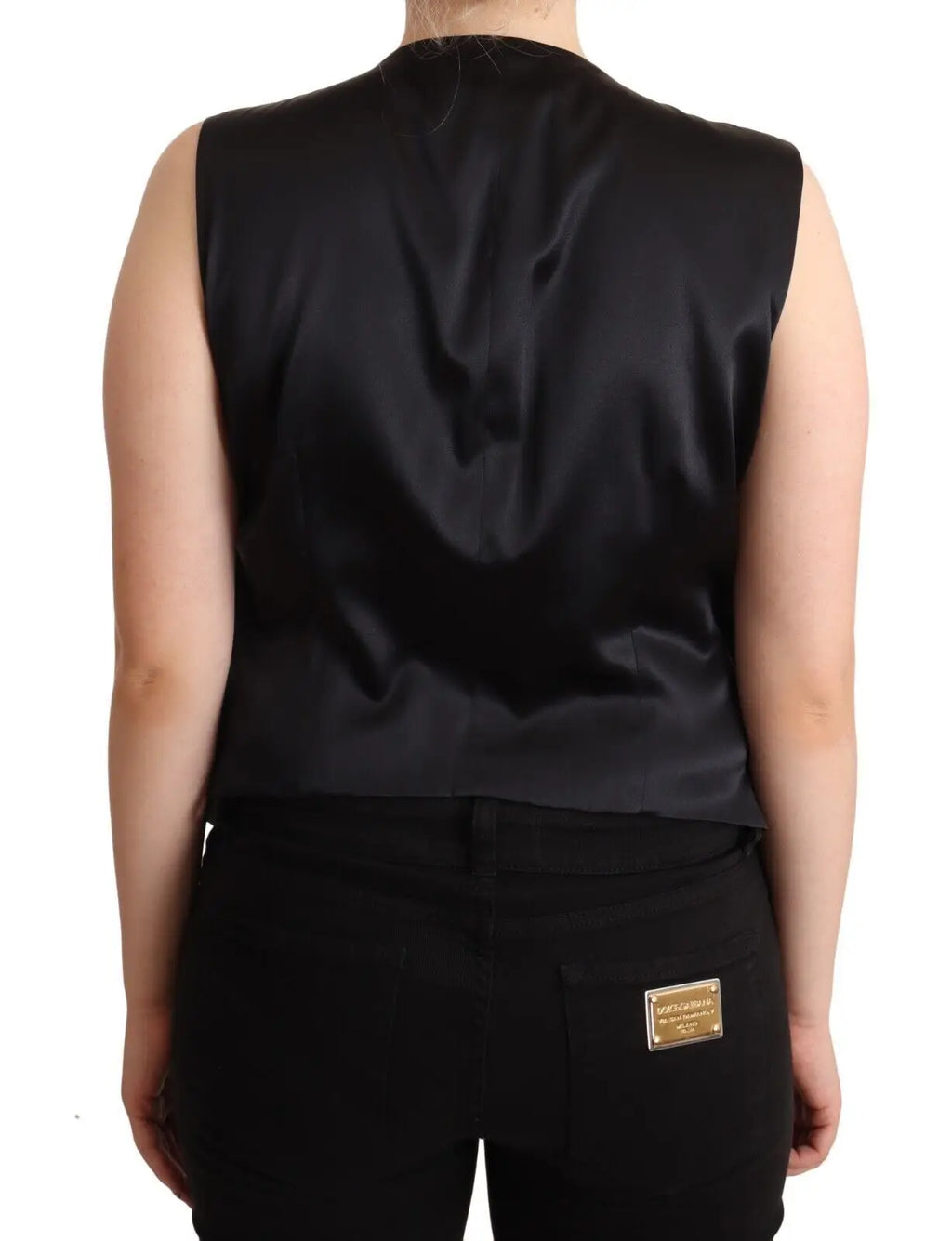 Dolce & gabbana black button down sleeveless vest waiscoat top en satin noir avec finition brillante élégante