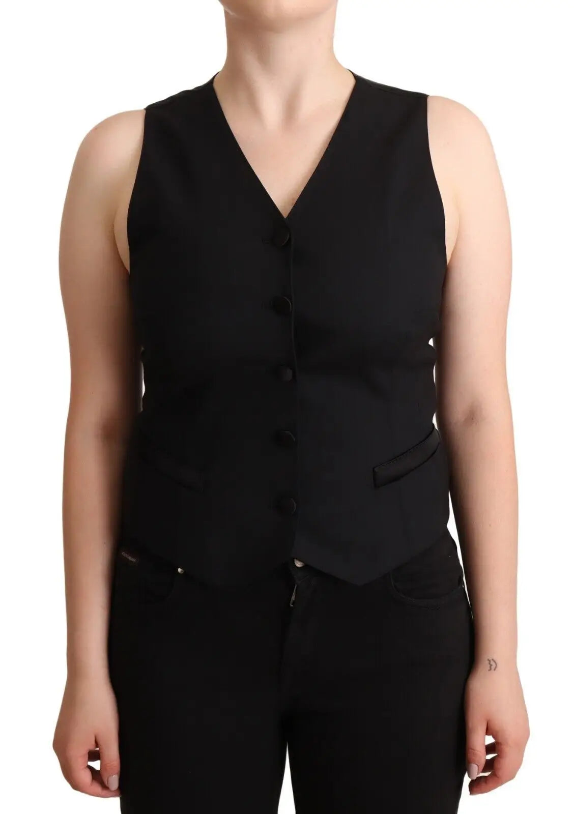 Dolce & Gabbana veste noire sans manches en viscose avec encolure en v et cinq boutons foncés sur le devant