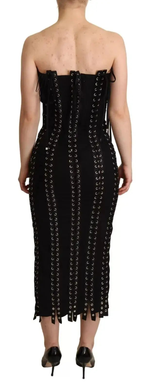 Robe midi noire sans bretelles dolce gabbana en cady avec rangées verticales dœillets argentés et ourlet effiloché