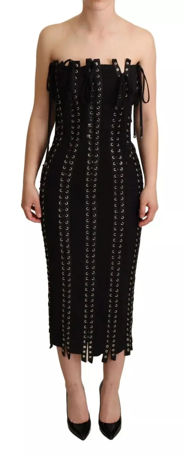 Robe midi noire dolce gabbana en cady sans manches avec lacets et oeillets argentés verticals