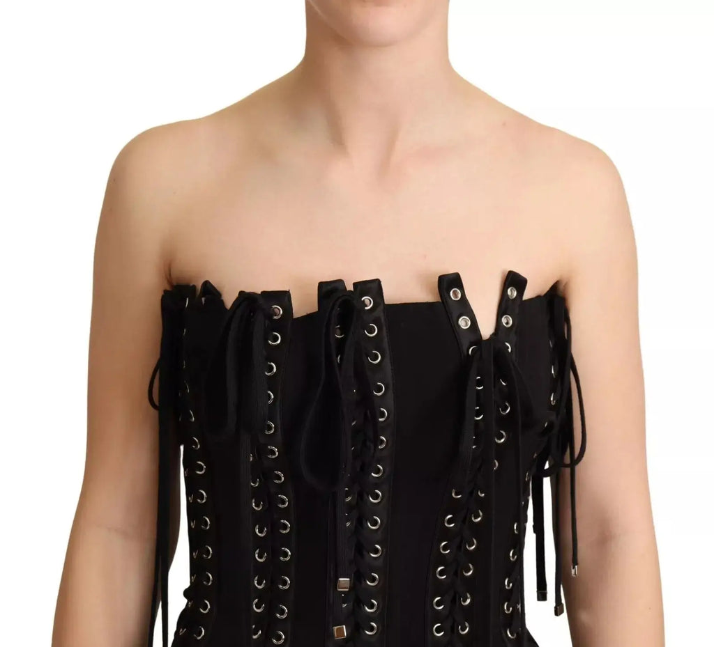 Corset noir à lacets avec œillets argentés et liens ajustables dans la robe bodycon sans manches dolce & gabbana cady