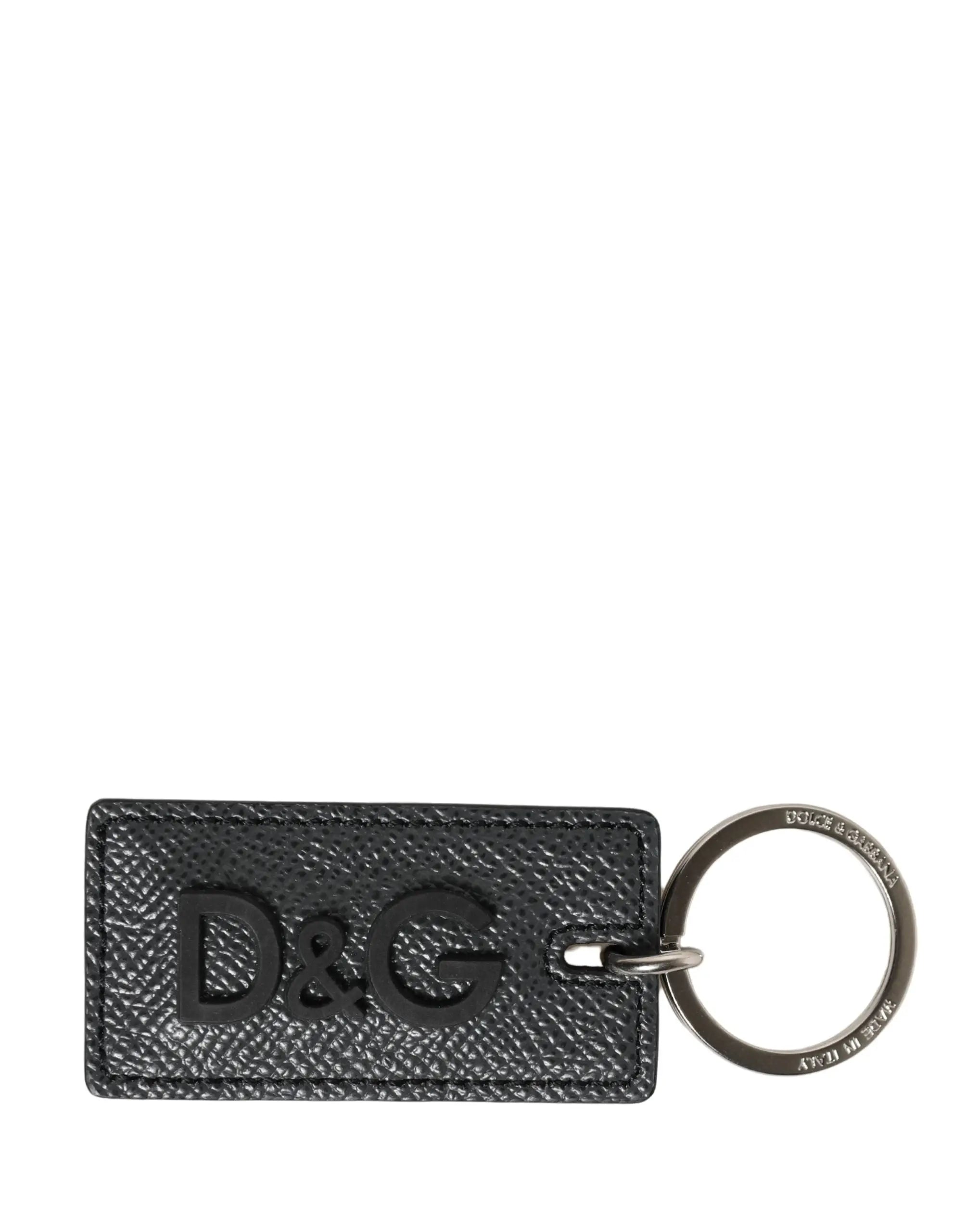 Clé porte-clés dolce & gabbana en cuir de veau noir texturé avec logo d&g embossé et anneau métal argenté