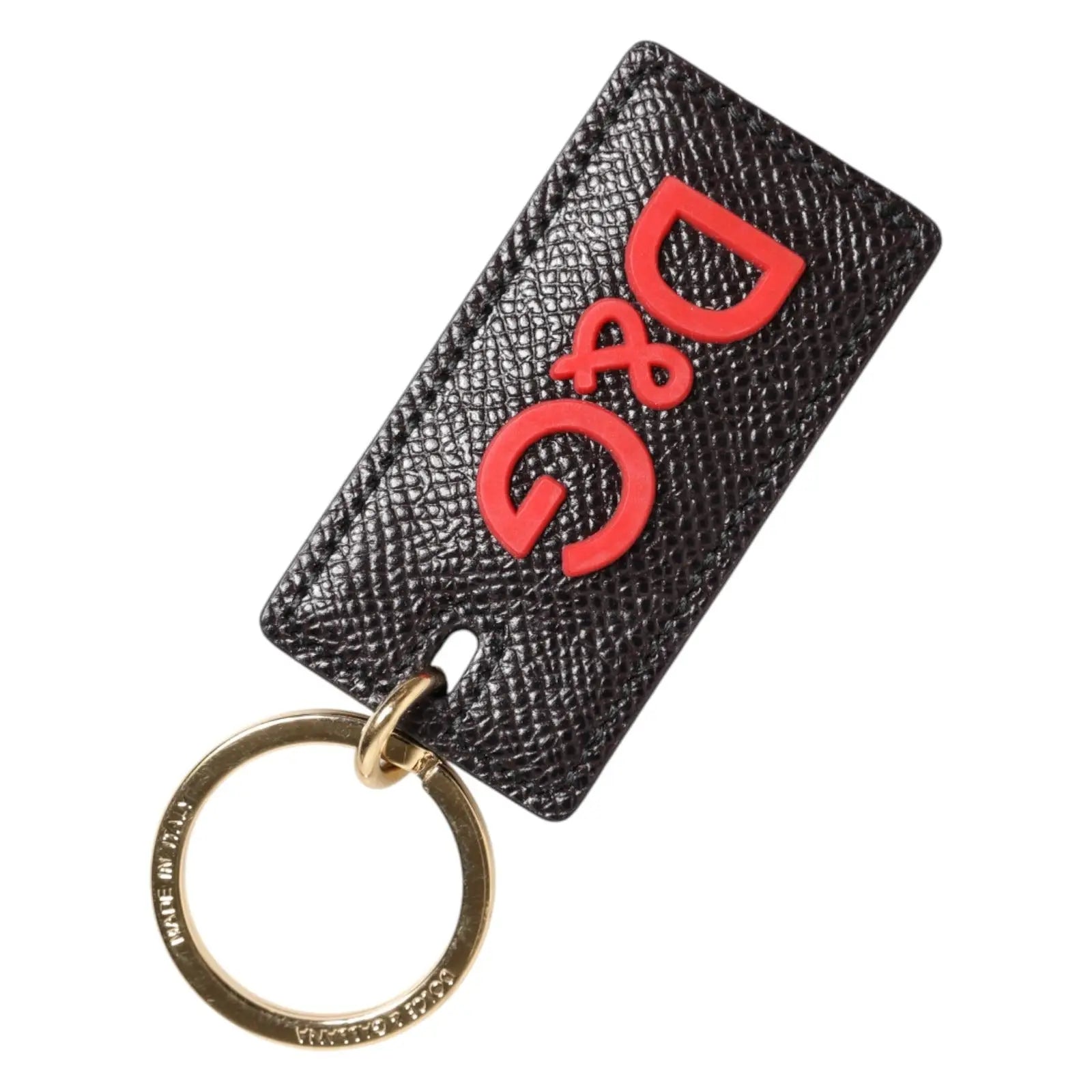 Porte-clés pour homme dolce & gabbana en cuir noir avec logo d&g rouge et anneau métallique doré