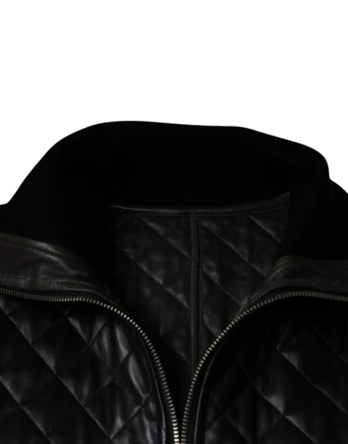 Veste noire matelassée en cuir de veau dolce gabanna avec col montant et fermeture éclair complète