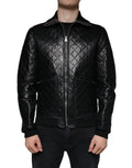 Dolce & Gabbana veste bomber noir en cuir de veau matelassé avec motif losanges classique et poignets côtelés