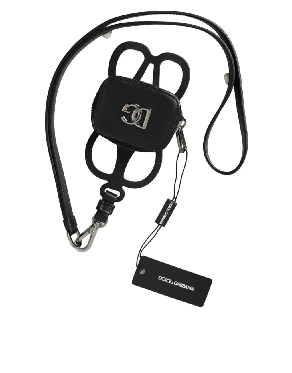 Dolce & gabbana noir en cuir de veau bracelet de téléphone avec logo argenté et design ajouré distinctif