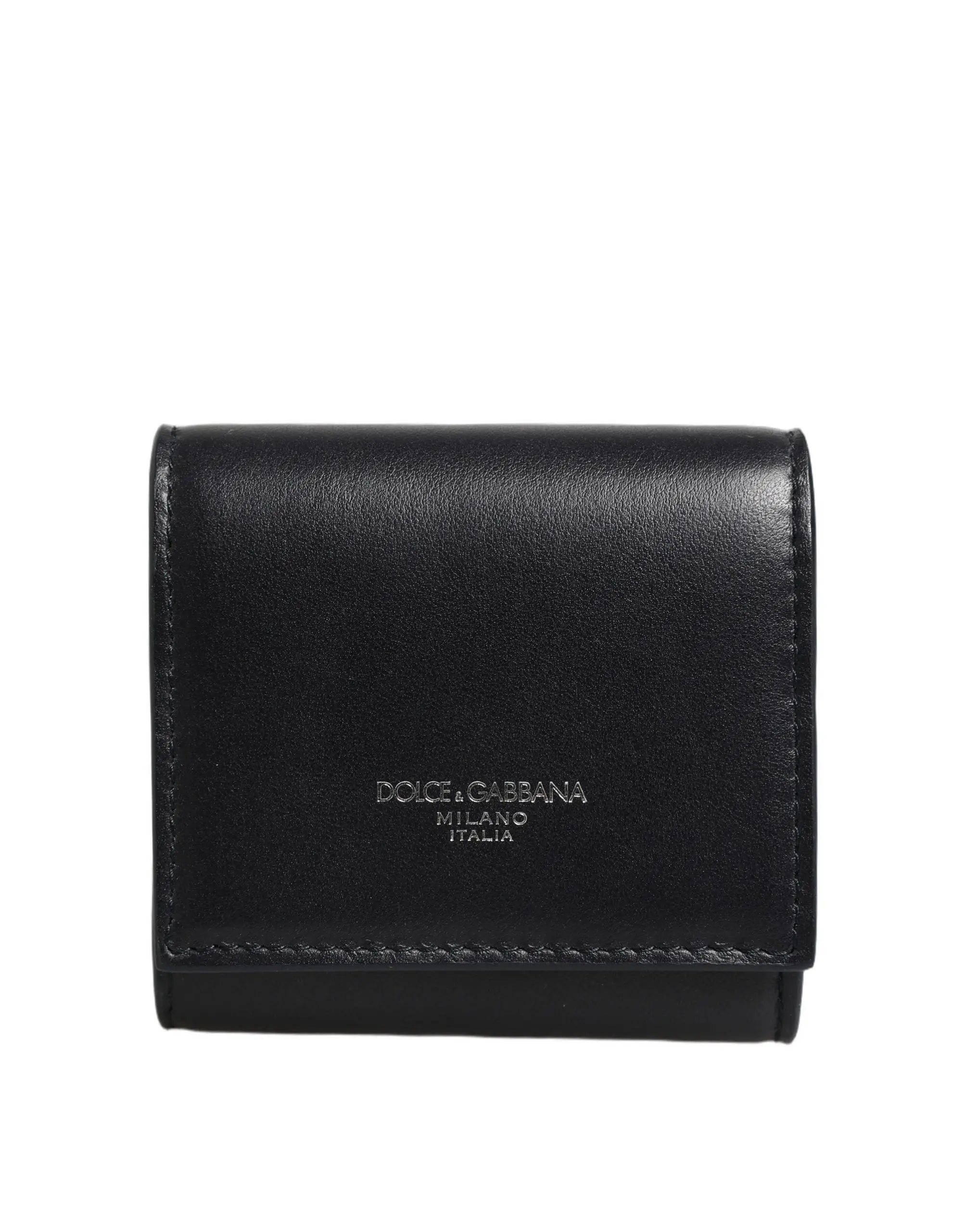 Portefeuille trifold noir en cuir de veau dolce & gabbana avec logo milano italia pour pièces et cartes
