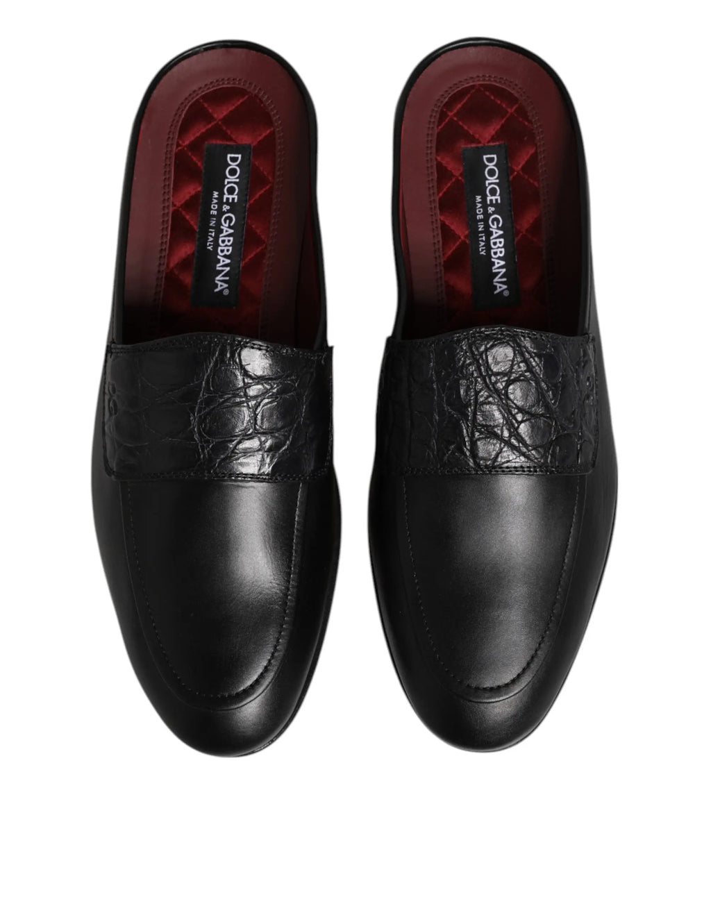 Dolce & gabbana chaussures mocassins slip-on en cuir de veau noir avec lanière embossée crocodile et doublure rouge matelassée
