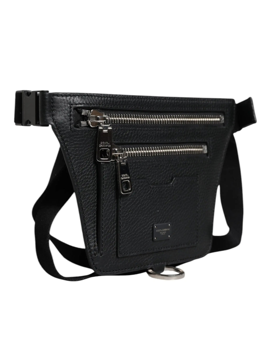 Dolce & Gabbana sac banane homme en cuir de veau noir avec plaques logo, fermeture éclair argentée et boucle métal