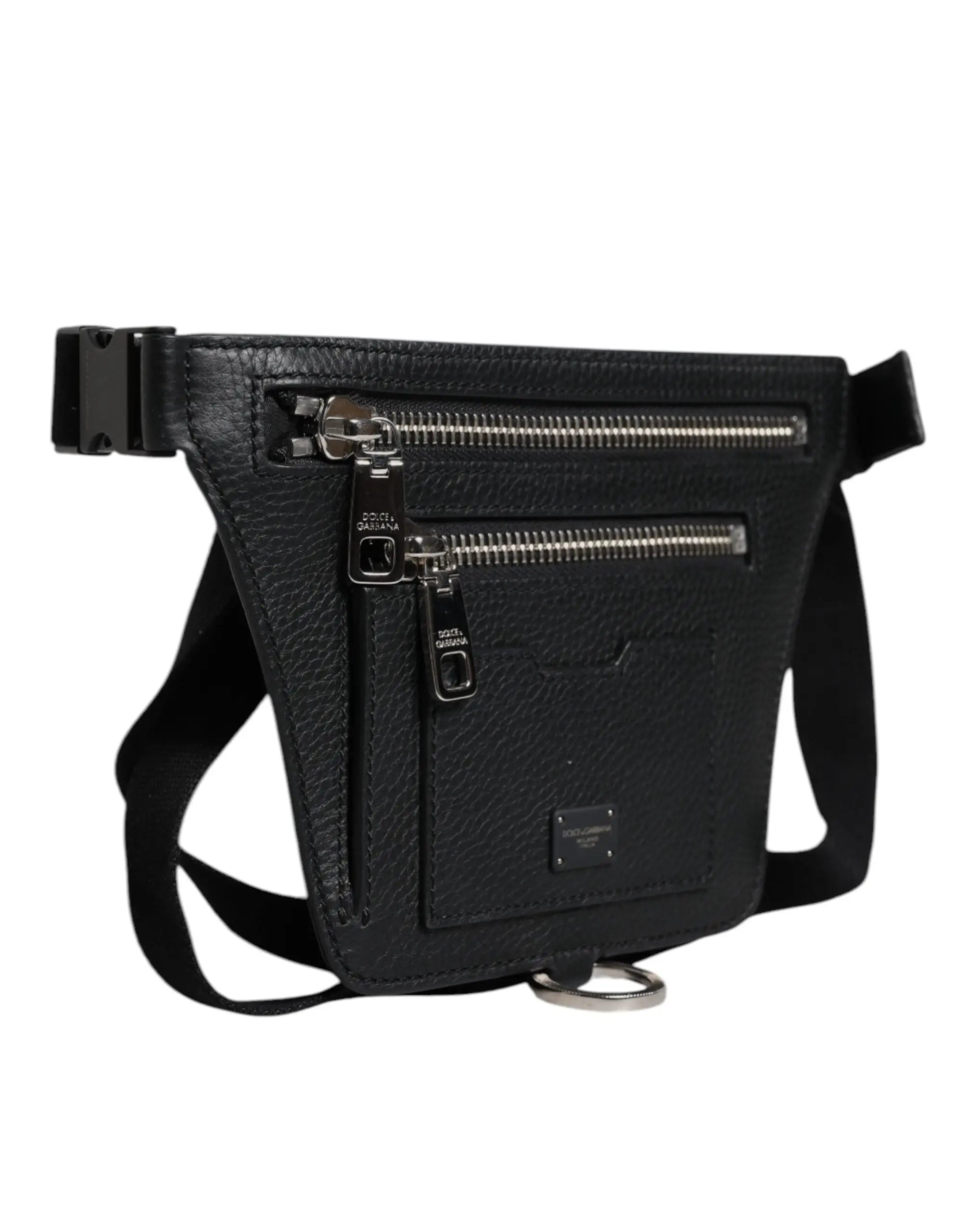 Dolce & Gabbana sac banane homme en cuir de veau noir avec plaques logo, fermeture éclair argentée et boucle métal