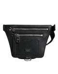 Dolce & gabbana sac banane ceinture noir en cuir de veau avec plaques logo métal argenté et fermetures éclair