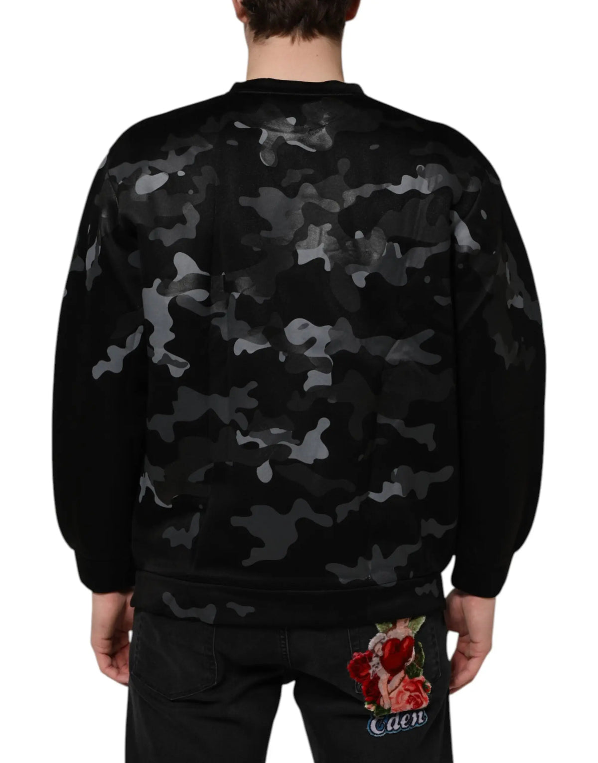 Sweatshirt dolce & gabbana noir camouflage avec patch rose rouge brodé au bas du dos