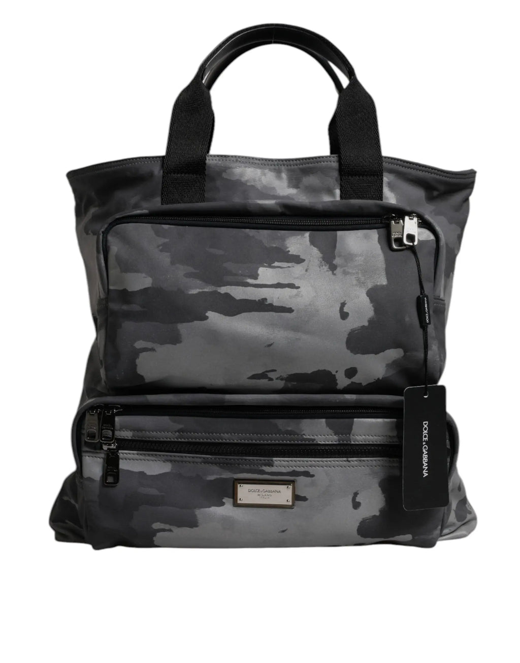Dolce & gabbana sac fourre-tout camouflage noir et gris avec poignées et zips noirs et plaque logo