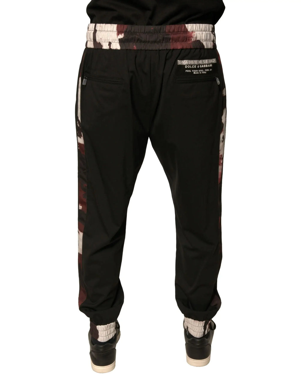 Dolce & gabbana pantalons jogging noirs en laine avec motif camouflage sur les côtés et taille élastique éclaboussée