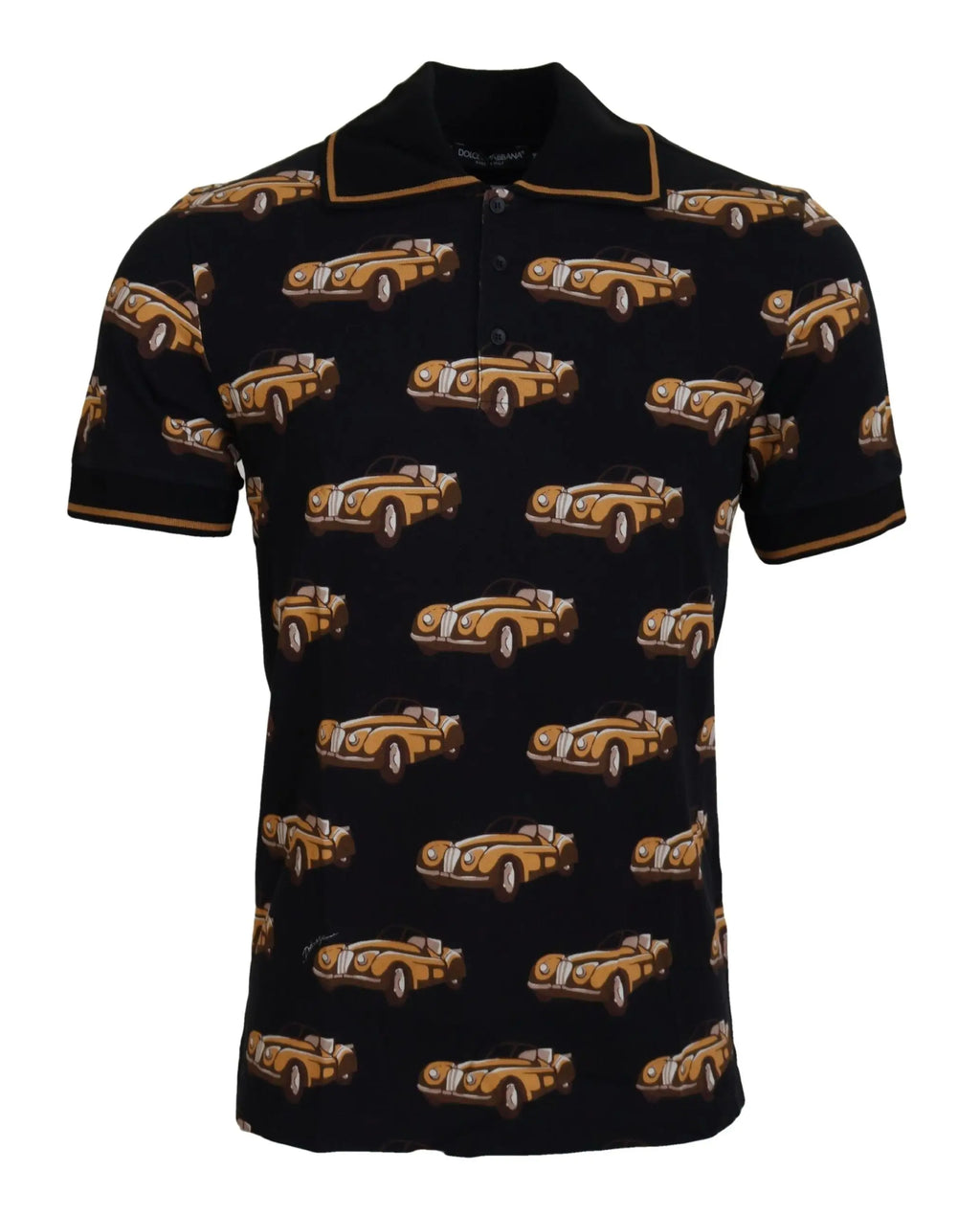 Polo noir dolce & gabbana avec motif répétitif de voitures vintage marron et finition dorée col et manches