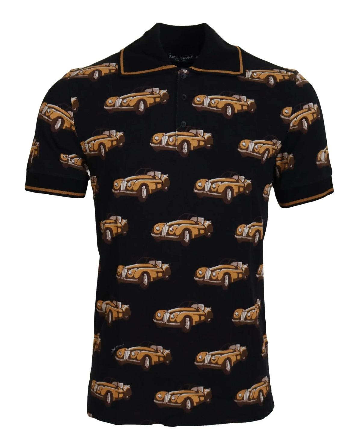 Polo noir dolce & gabbana avec motif répétitif de voitures vintage marron et finition dorée col et manches