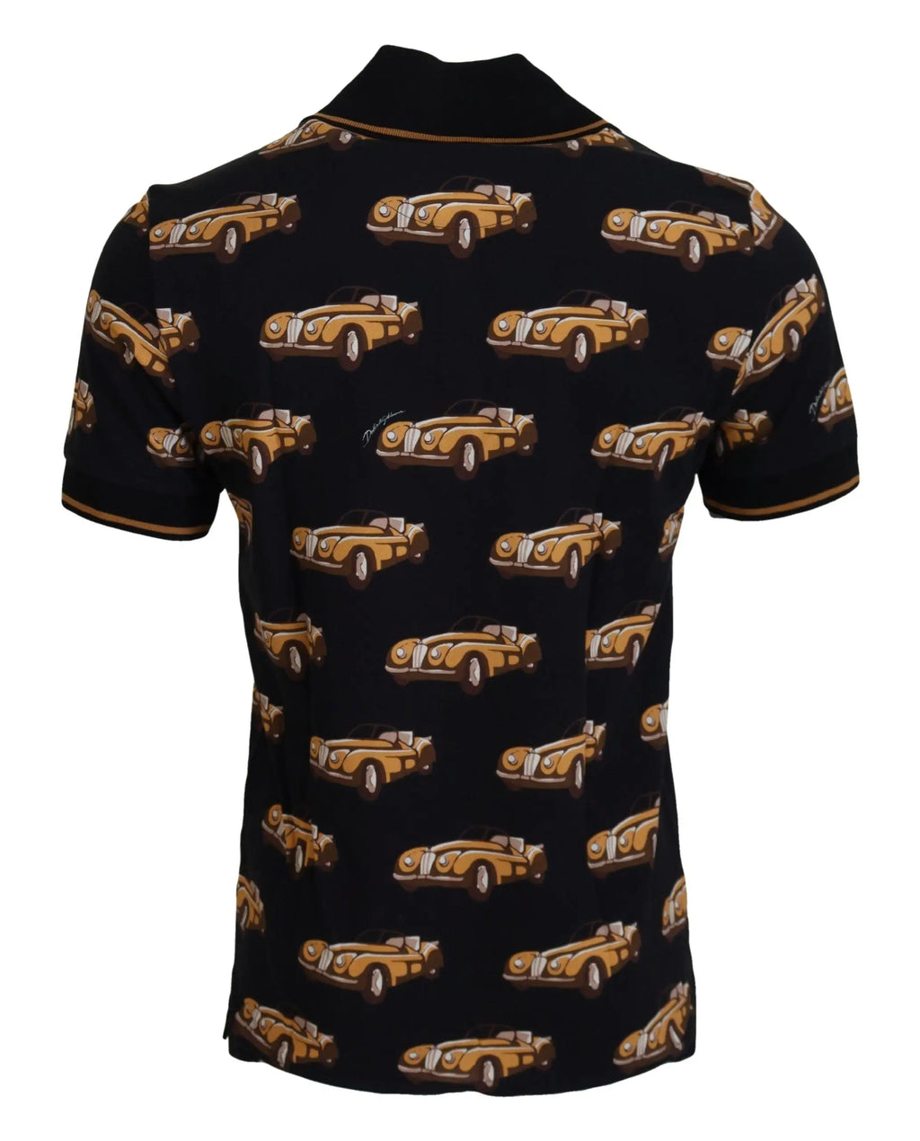 Polo noir dolce & gabbana à manches courtes avec motif répétitif de voitures classiques jaunes et marron vintage
