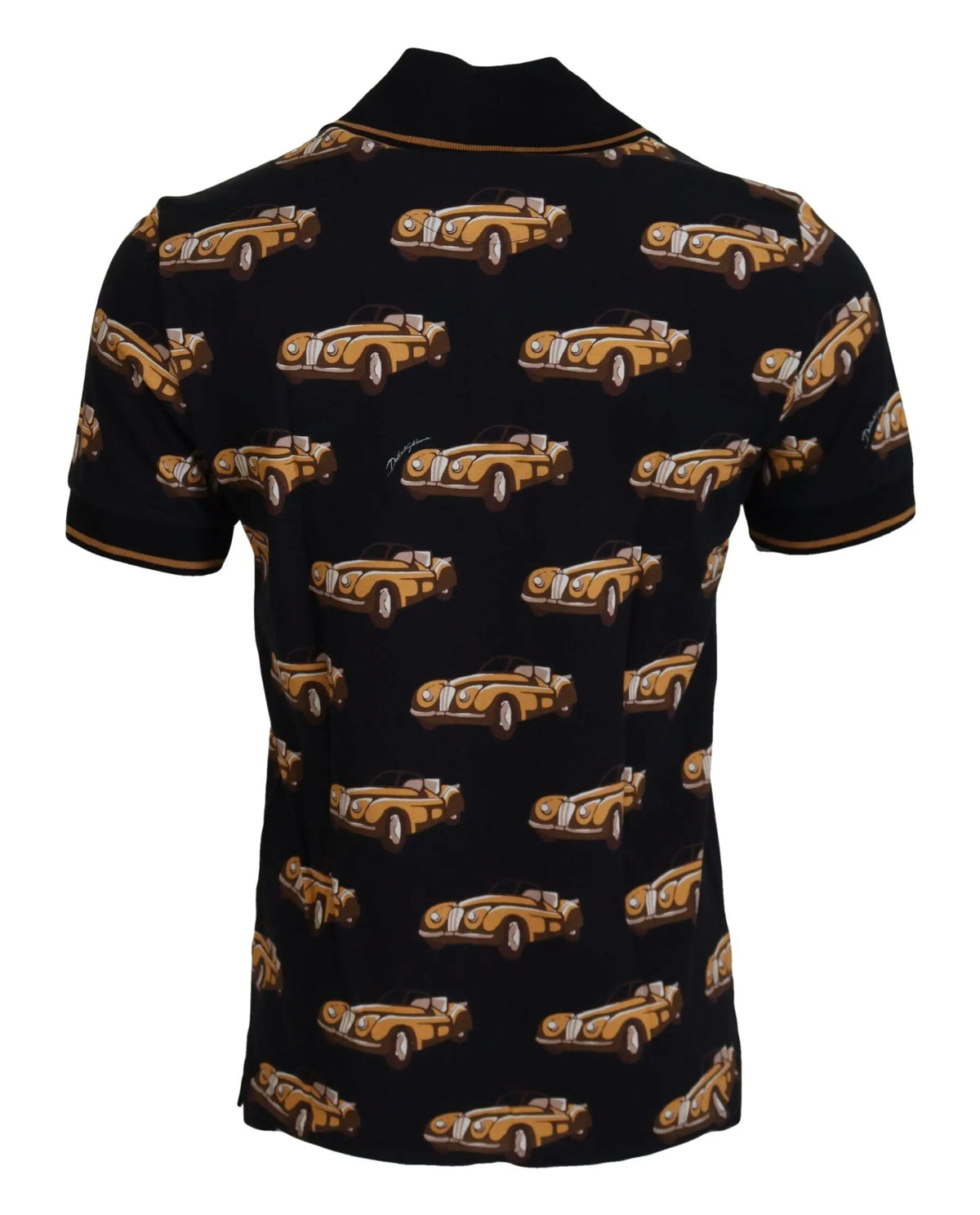 Polo noir dolce & gabbana à manches courtes avec motif répétitif de voitures classiques jaunes et marron vintage