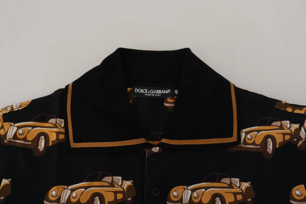 Polo dolce gabbana noir manches courtes avec motif voiture vintage jaune et bordure moutarde