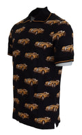 Polo manches courtes noir dolce & gabbana avec motif voiture vintage jaune et détails marron au col et manches