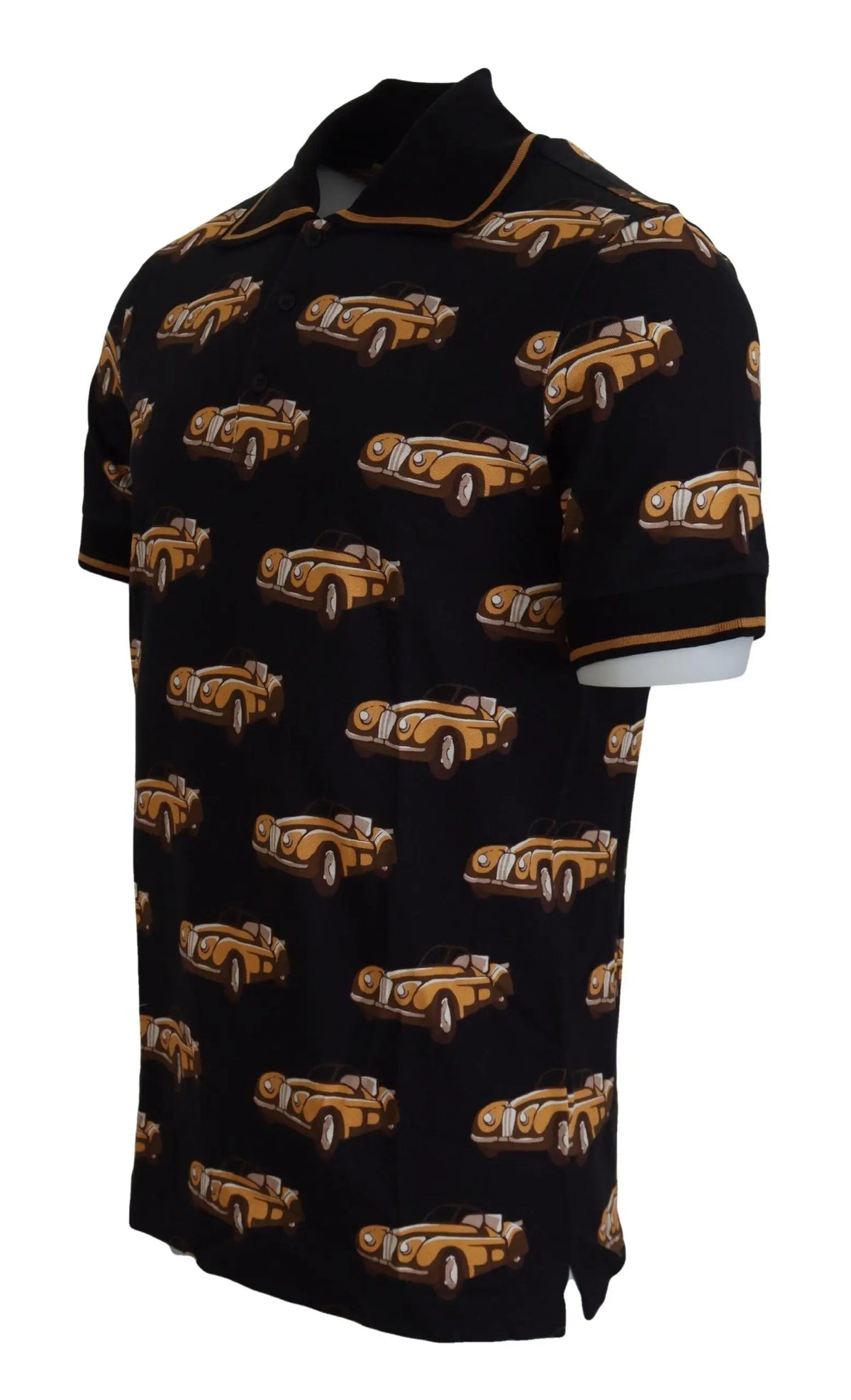 Polo manches courtes noir dolce & gabbana avec motif voiture vintage jaune et détails marron au col et manches
