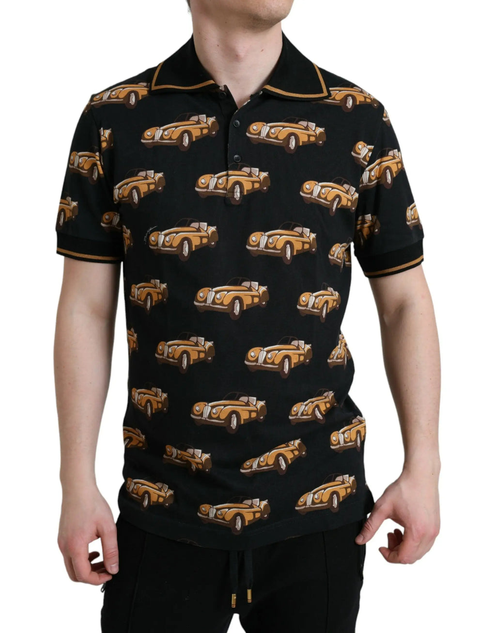 Dolce & gabbana polo noir à manches courtes avec motif vintage de voitures beiges et bordures dorées col et manches