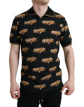 Dolce & gabbana polo noir à manches courtes avec motif vintage de voitures beiges et bordures dorées col et manches