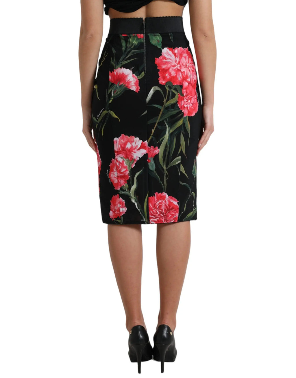 Jupe crayon noire dolce & gabbana à motif floral vibrant de carnations roses et feuilles vertes taille haute