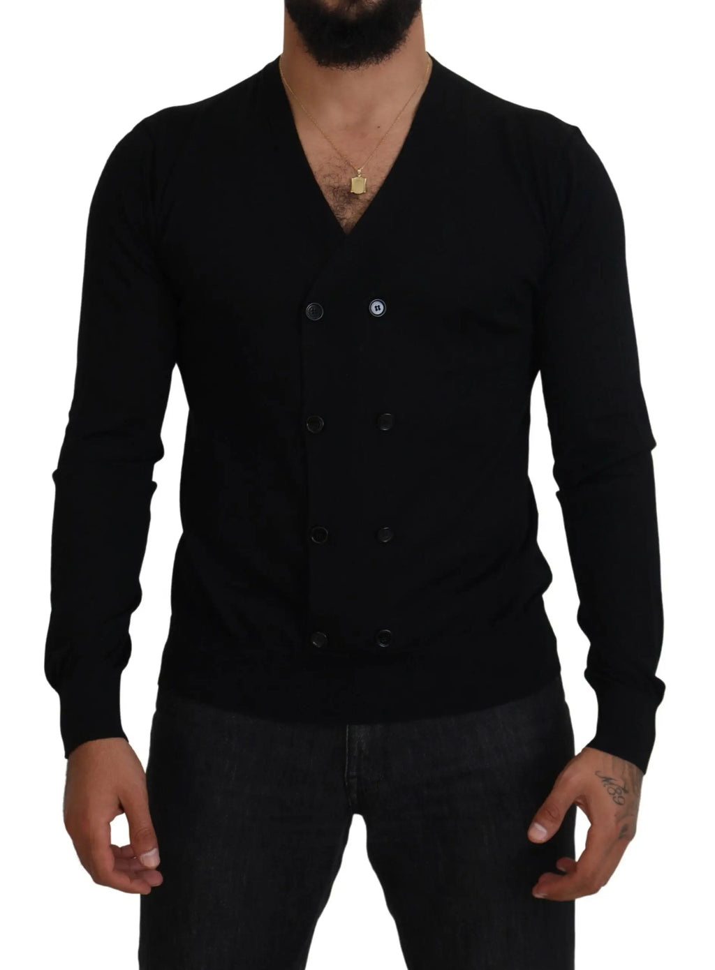 Cardigan noir dolce gabana en cachemire à col en v double boutonnage avec boutons foncés et tissage texturé subtil