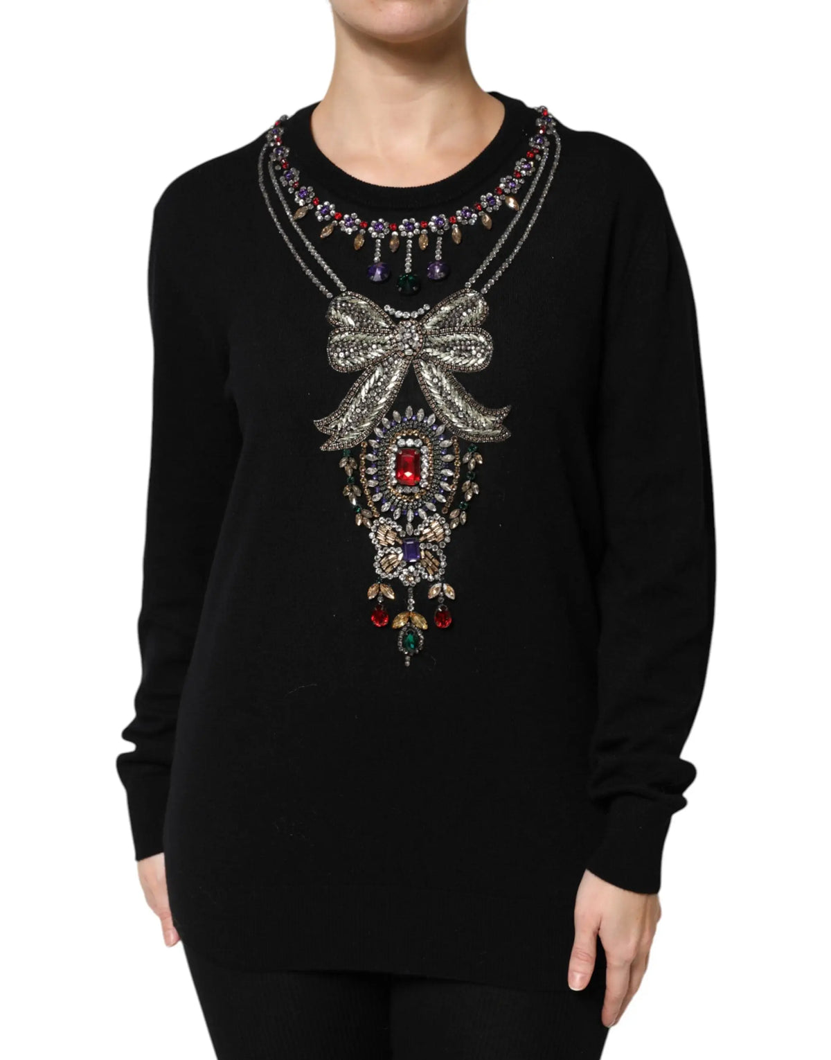 Pull dolce & gabbana noir en cachemire avec un ornement en cristal complexe et un noeud central argenté orné de bijoux colorés