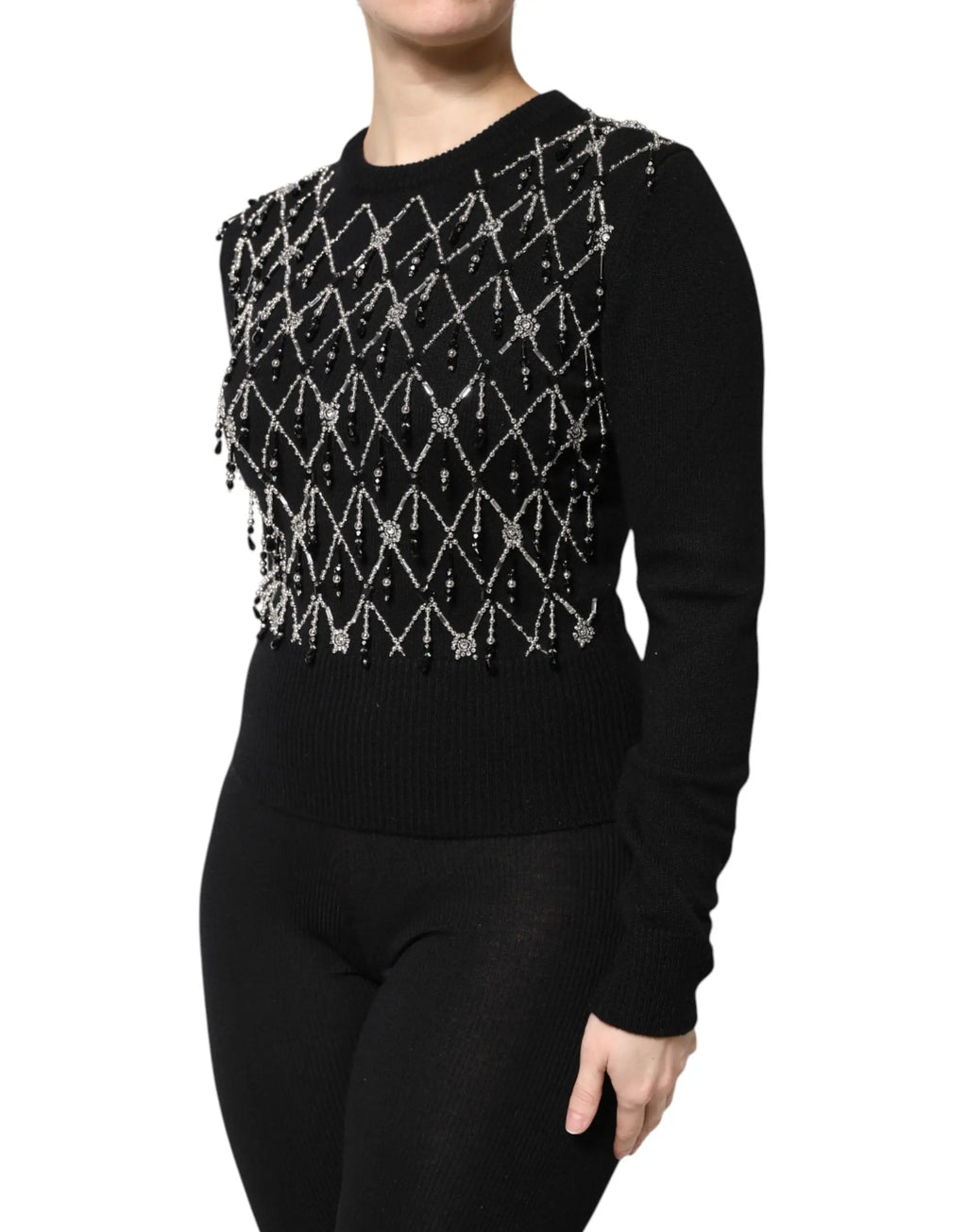 Pull noir dolce & gabbana en cachemire à manches longues avec perles argentées formant un motif losange sur la poitrine