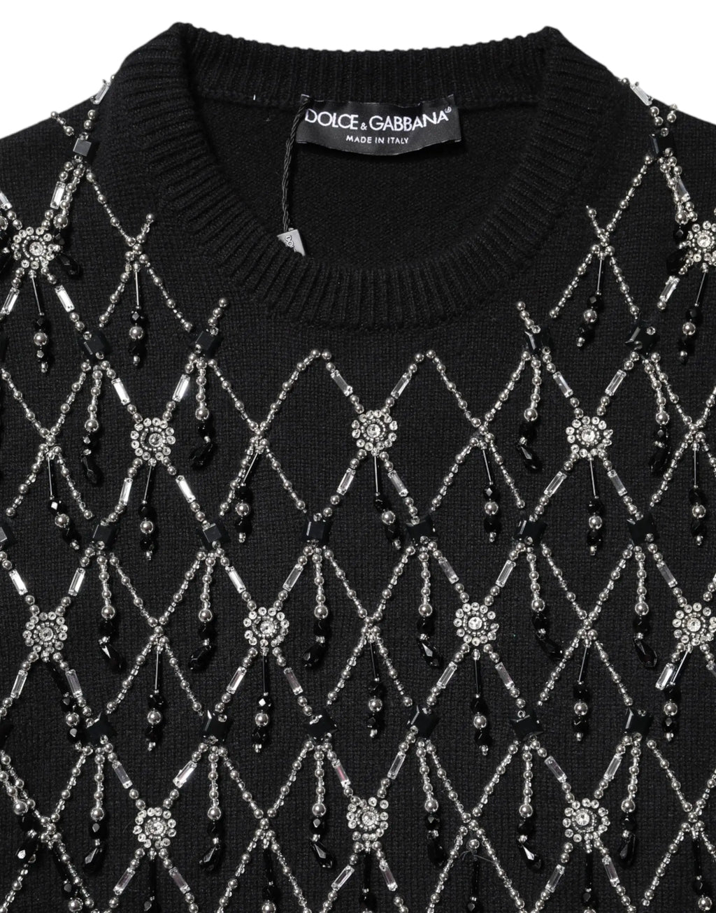 Dolce & gabbana pull noir en cachemire à manches longues avec motif en perles diamants argentées et noires