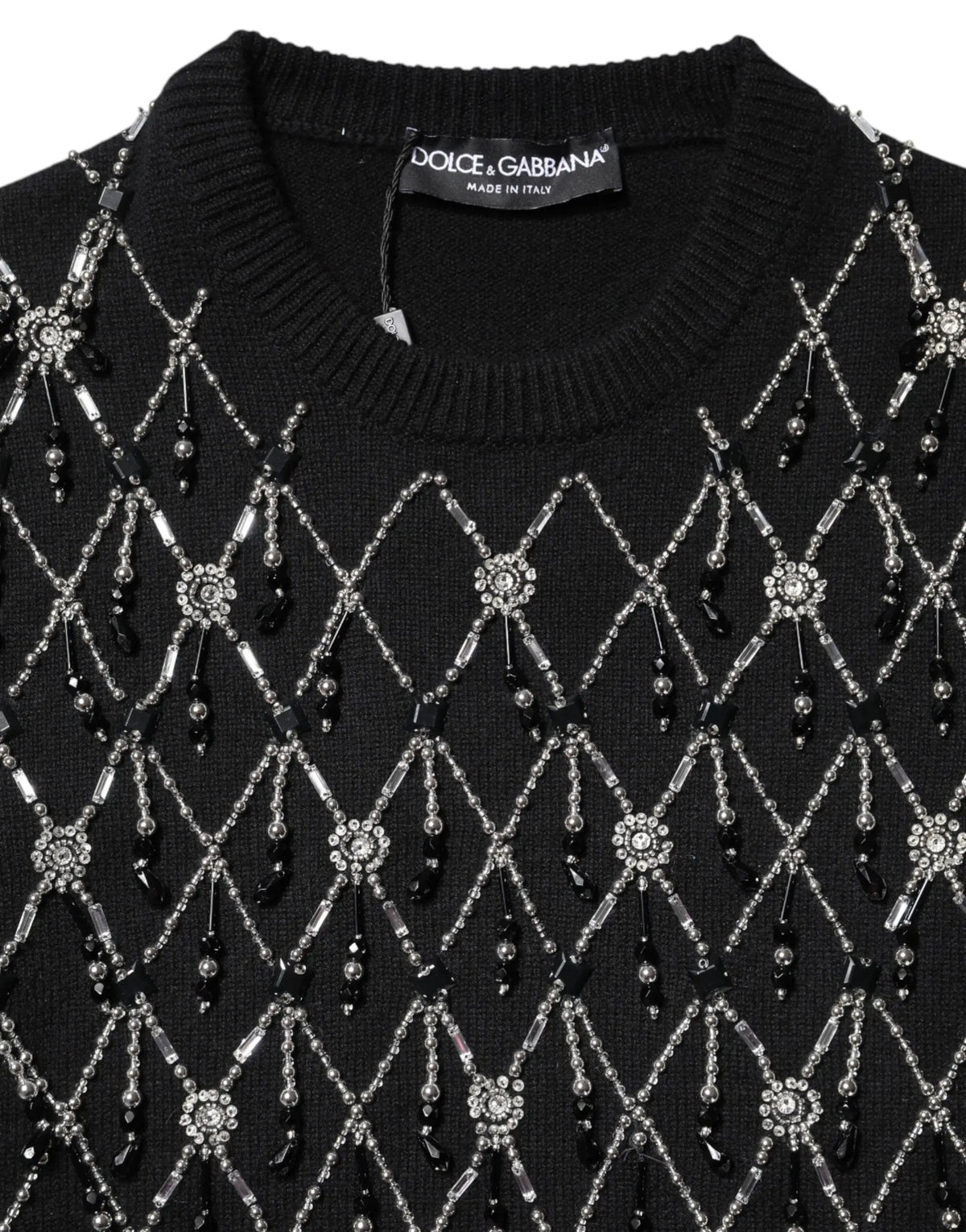 Dolce & gabbana pull noir en cachemire à manches longues avec motif en perles diamants argentées et noires