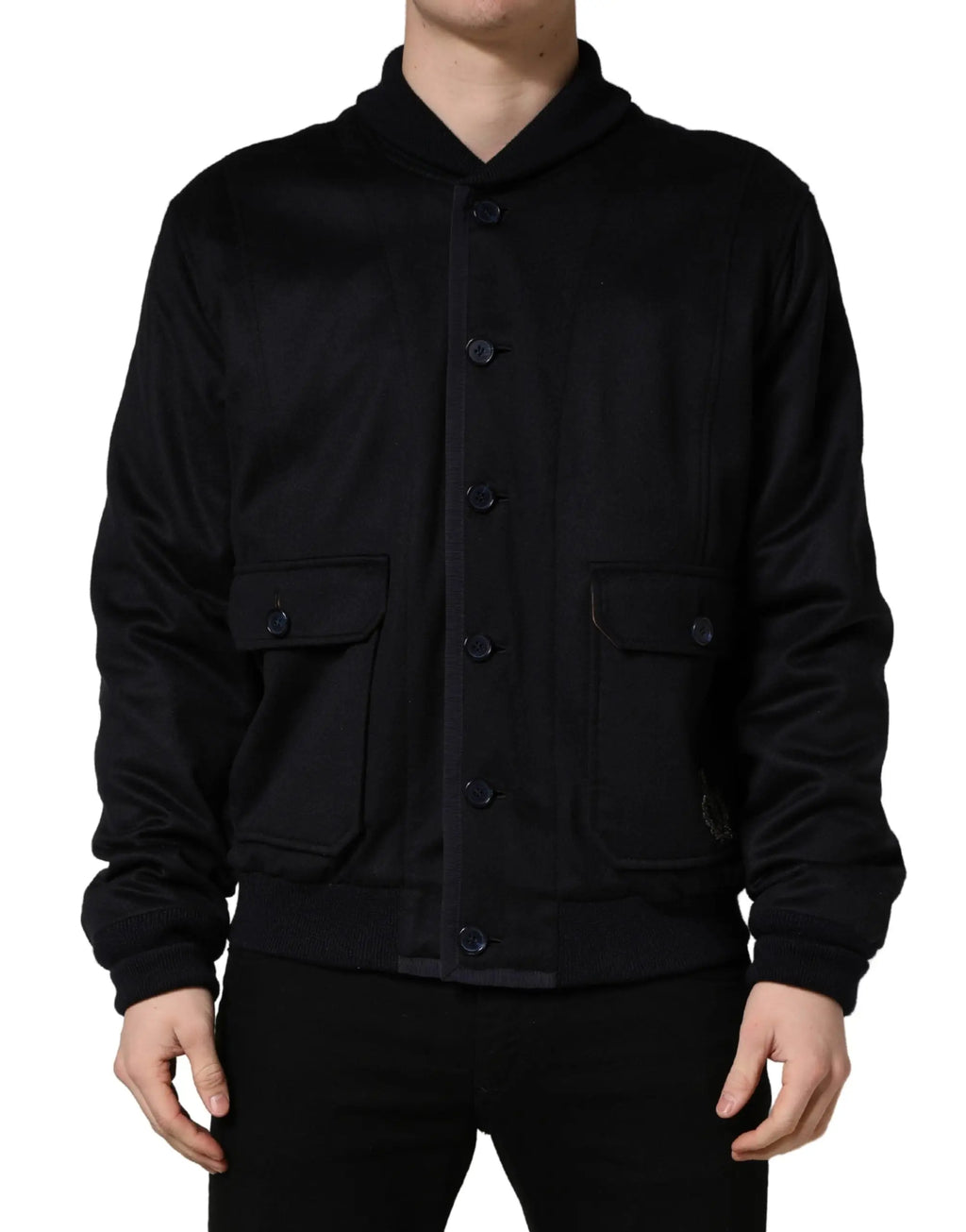 Dolce & gabbana veste noire bomber en cachemire avec poignets et taille côtelés et poches avant à rabat boutons