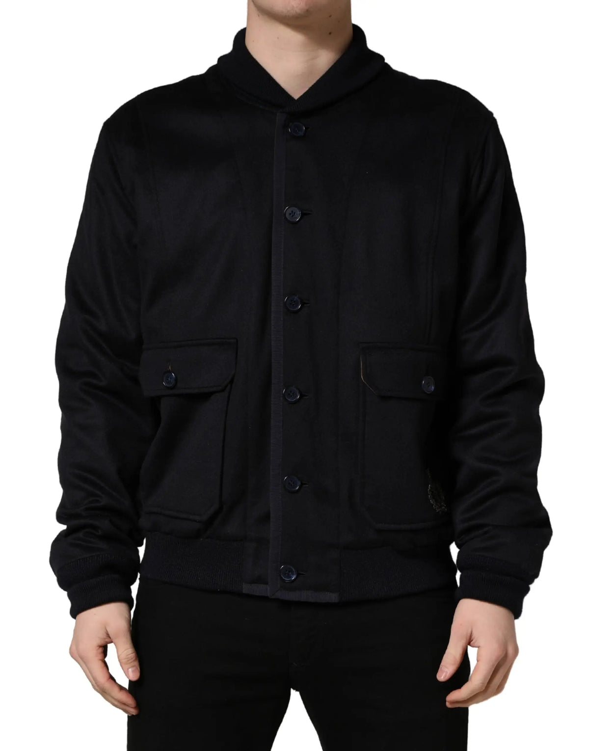 Dolce & gabbana veste noire bomber en cachemire avec poignets et taille côtelés et poches avant à rabat boutons