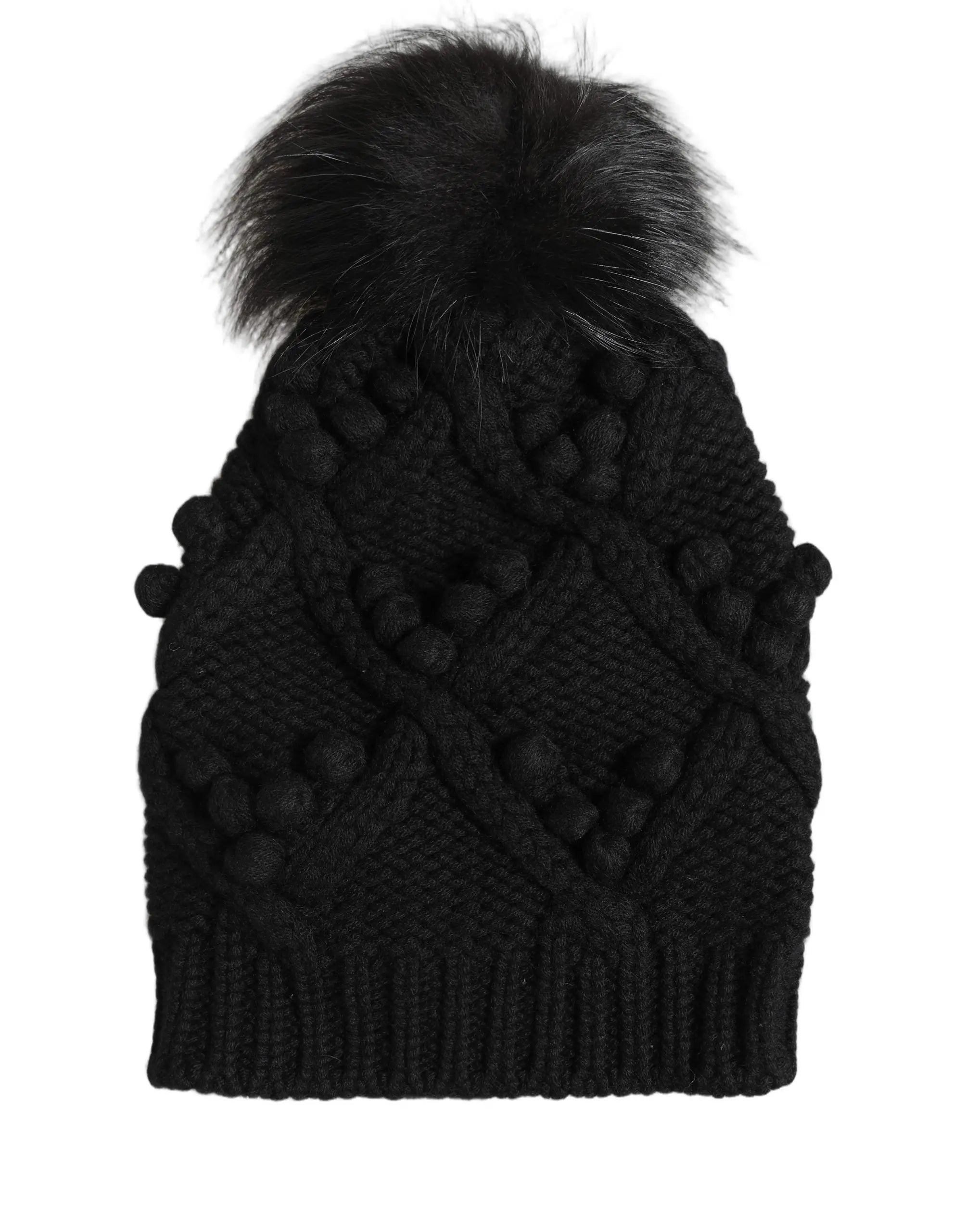 Bonnet noir dolce & gabbana en cachemire avec pompon en fourrure et boules de laine décoratives tricotées