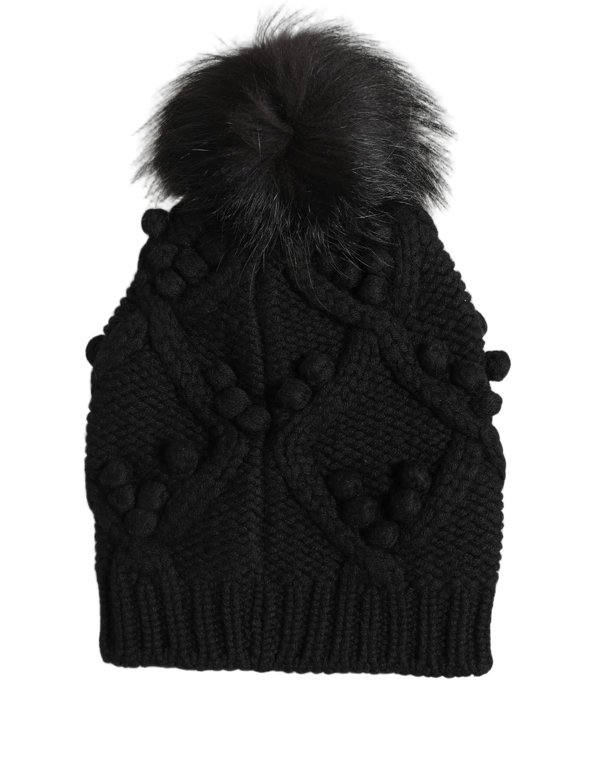 Dolce & gabbana bonnet en cachemire noir tricoté avec pompon en fourrure noire et motifs texturés décoratifs