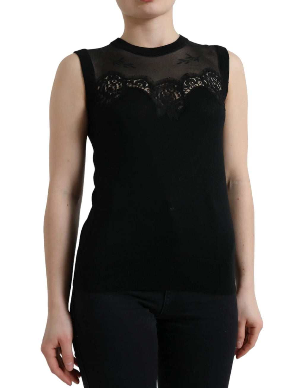 Dolce & gabbana débardeur noir en cachemire avec dentelle transparente sur la poitrine