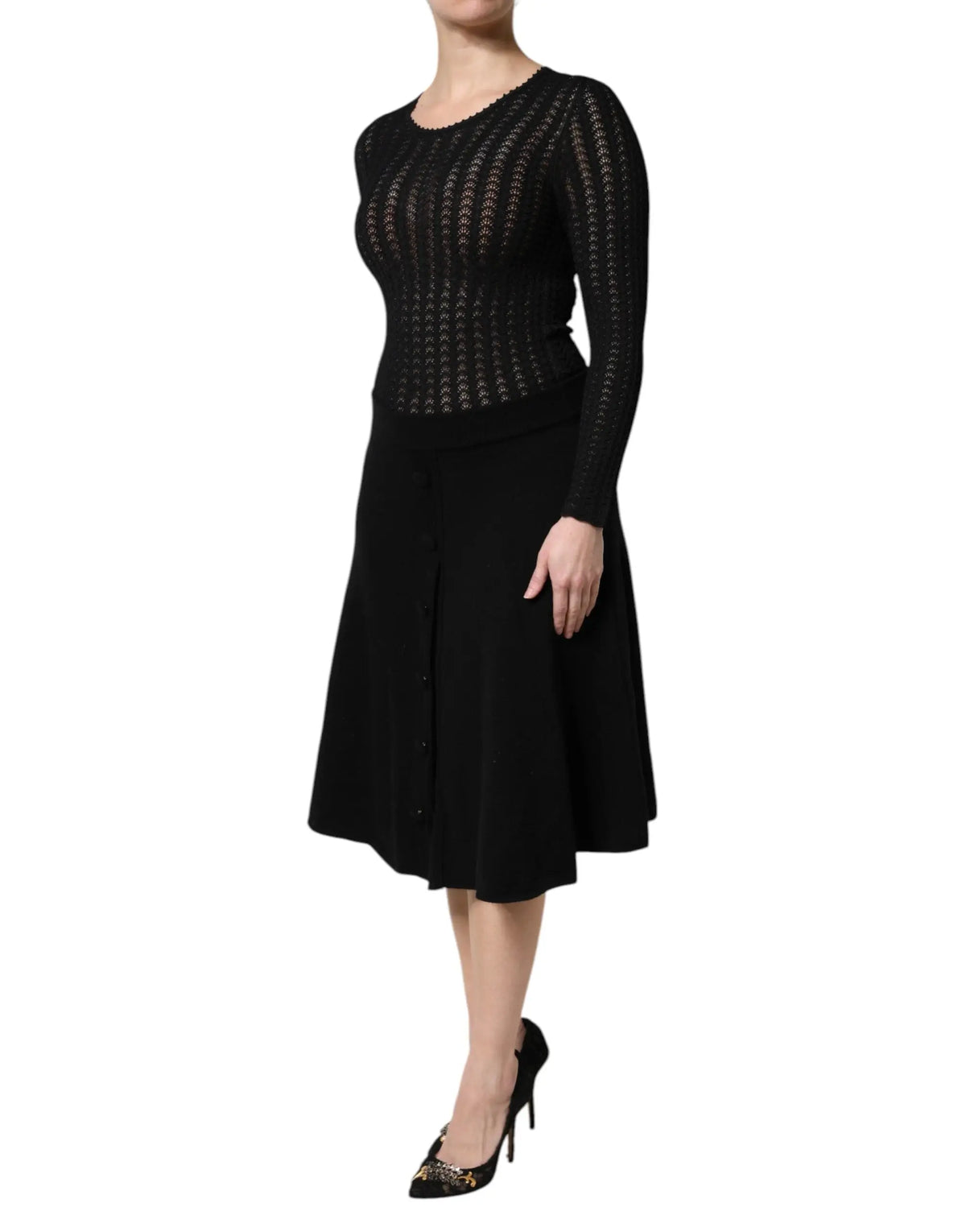 Top noir en maille ajourée texturée à manches longues dans une robe midi noire en cachemire dolce & gabbana