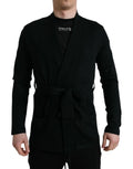 Cardigan noir en maille dolce & gabbana en cachemire avec ceinture à la taille et texte blanc subtil sur la poitrine