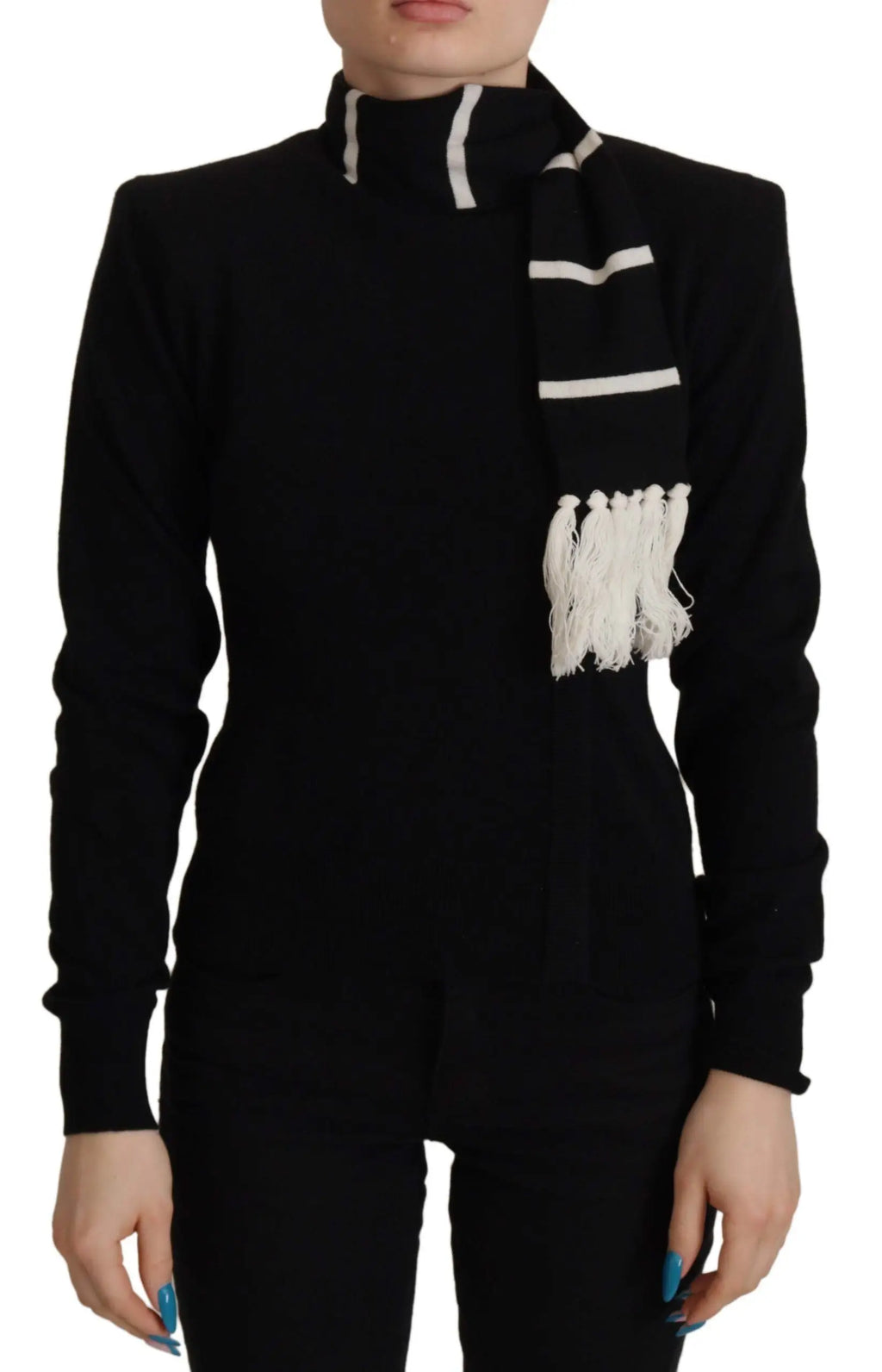 Pull en laine noire dolce & gabbana à col roulé avec rayures blanches horizontales et détails à franges au col